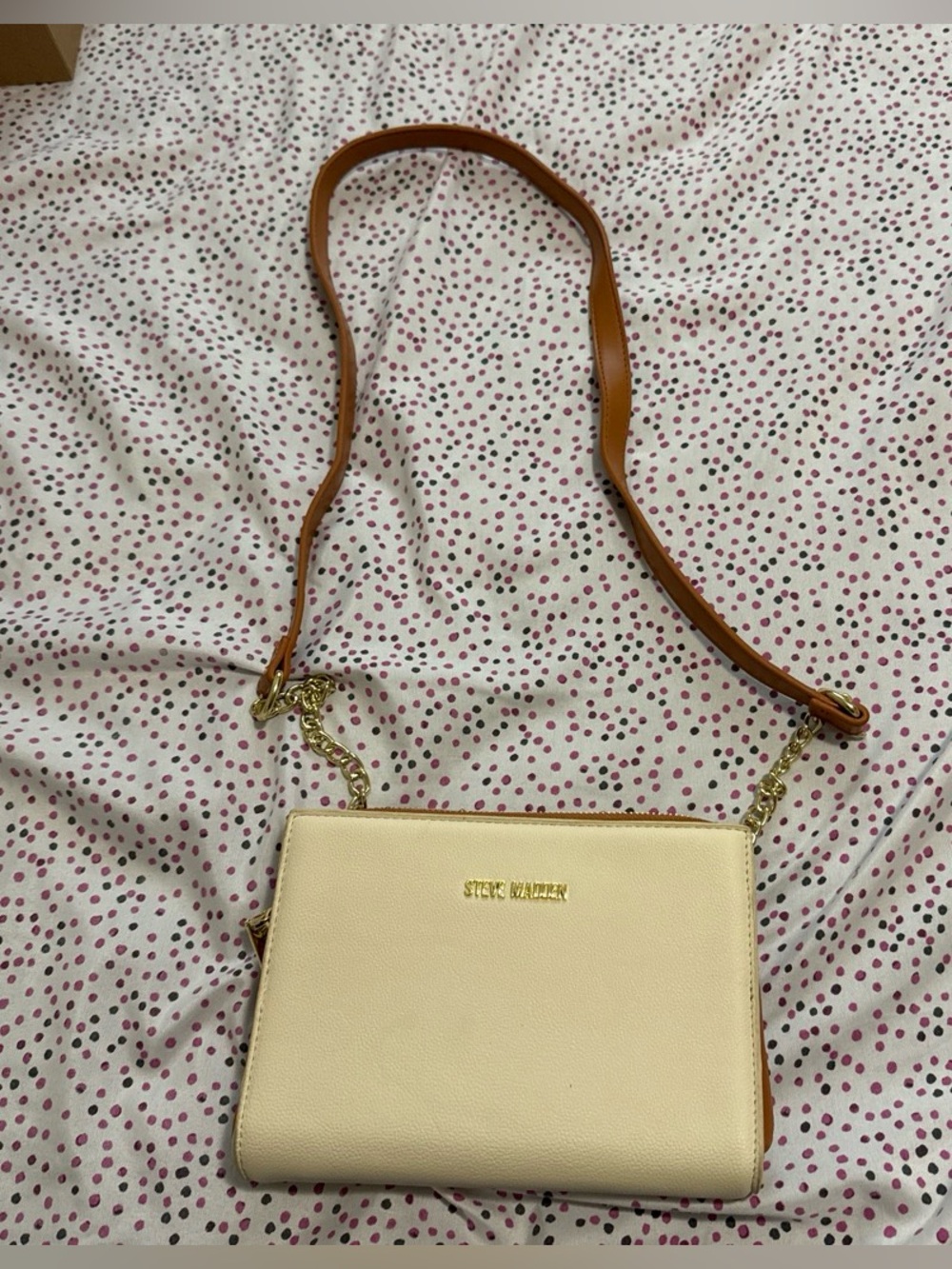 Steve Madden Cream Crossbody with Tan Strap and Gold Hardware